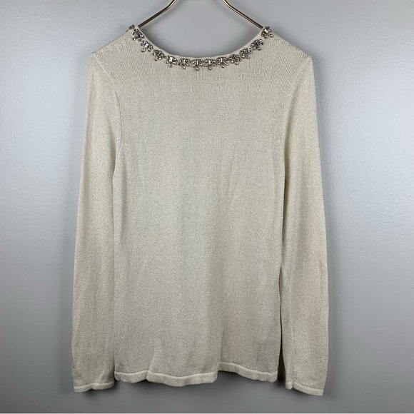 J. McLaughlin rhinestone neck crew knit shimmery sweater modal cotton cream - Picture 2 of 5